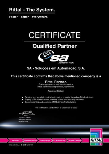 SA Automação distinguished with the Qualified Partner Certificate by Rittal Portugal